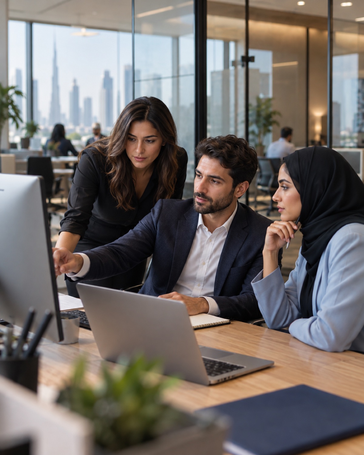 AI-generated illustration: an enterprise team collaborating in a contemporary office.