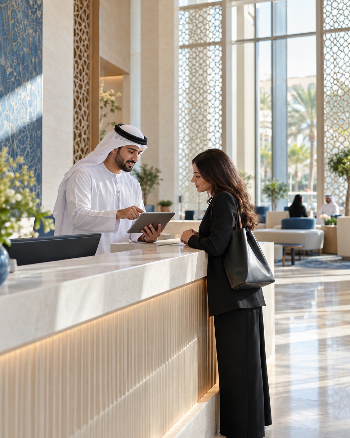 AI-generated illustration: a public-service professional assisting a visitor in a modern service centre.