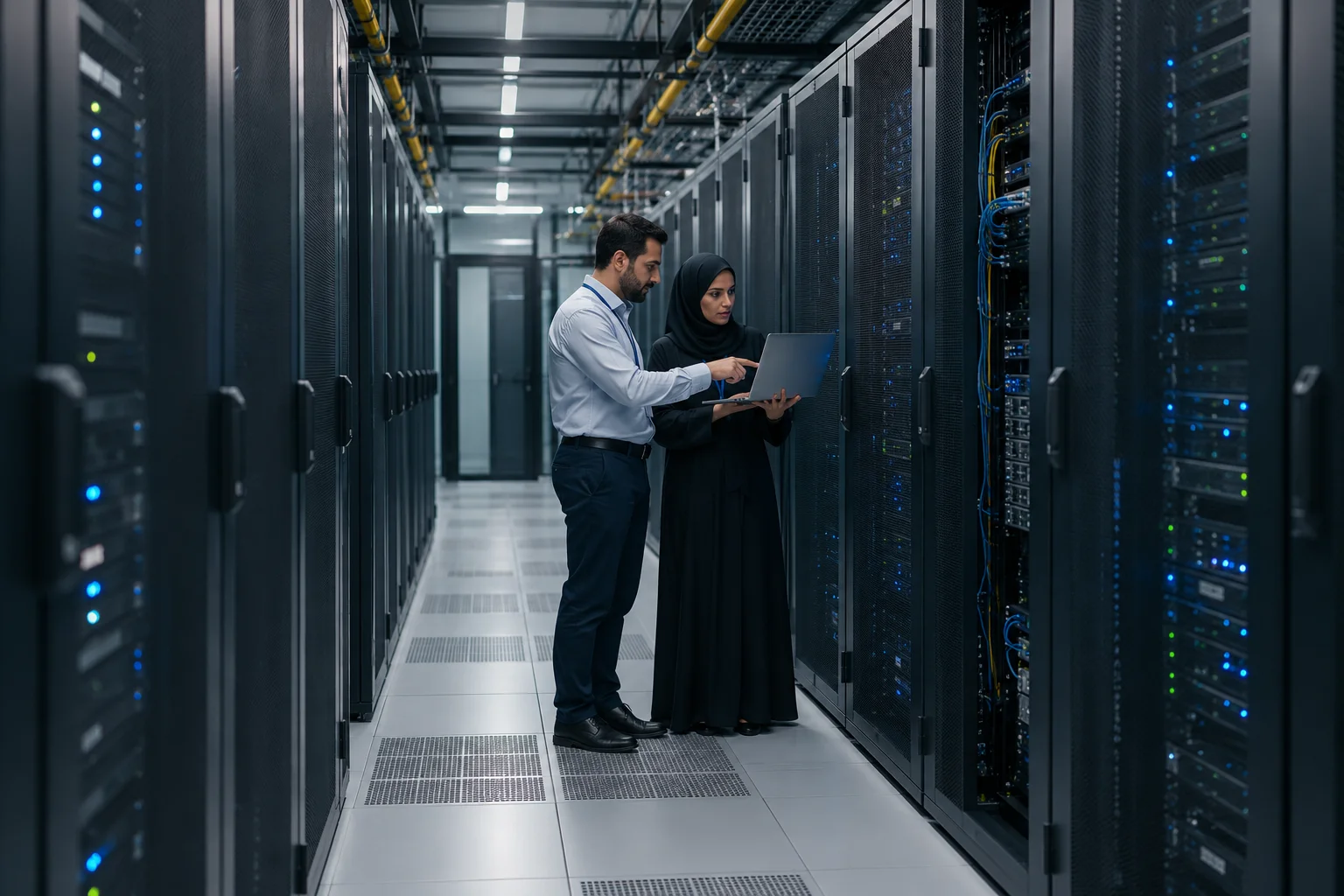 Engineers reviewing servers in a data centre
