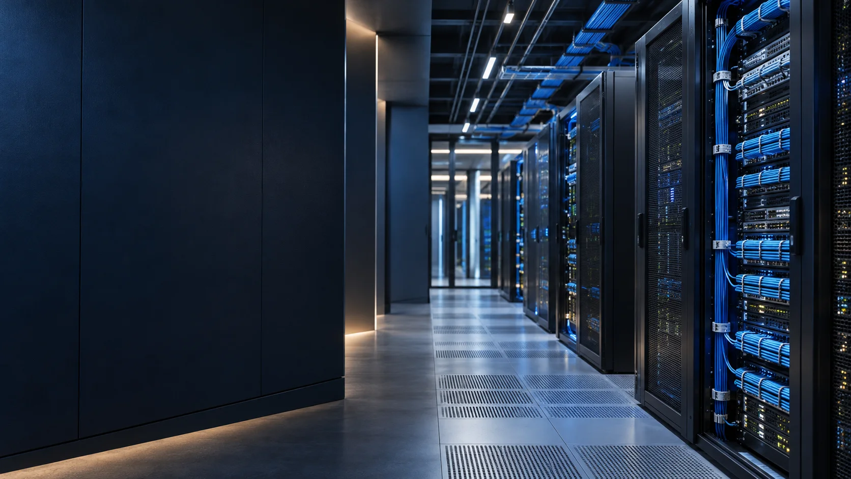 Enterprise server racks with organised network cabling in a data centre.
