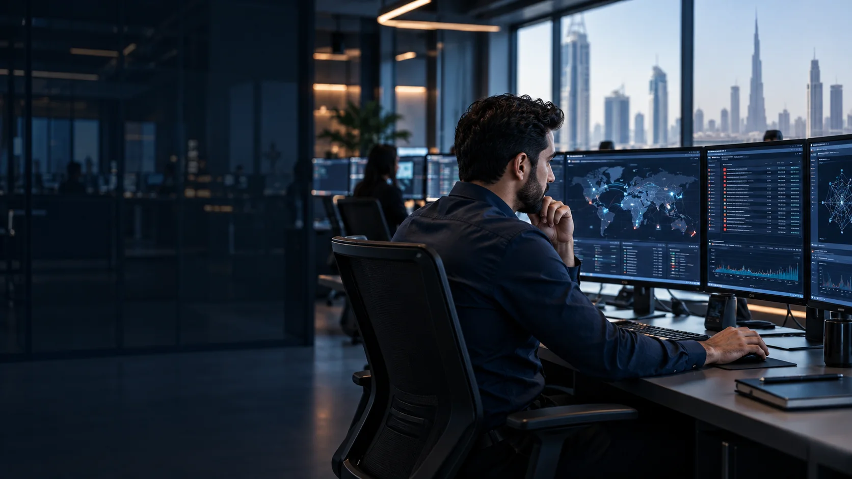A cybersecurity analyst monitoring network activity in a security operations centre.