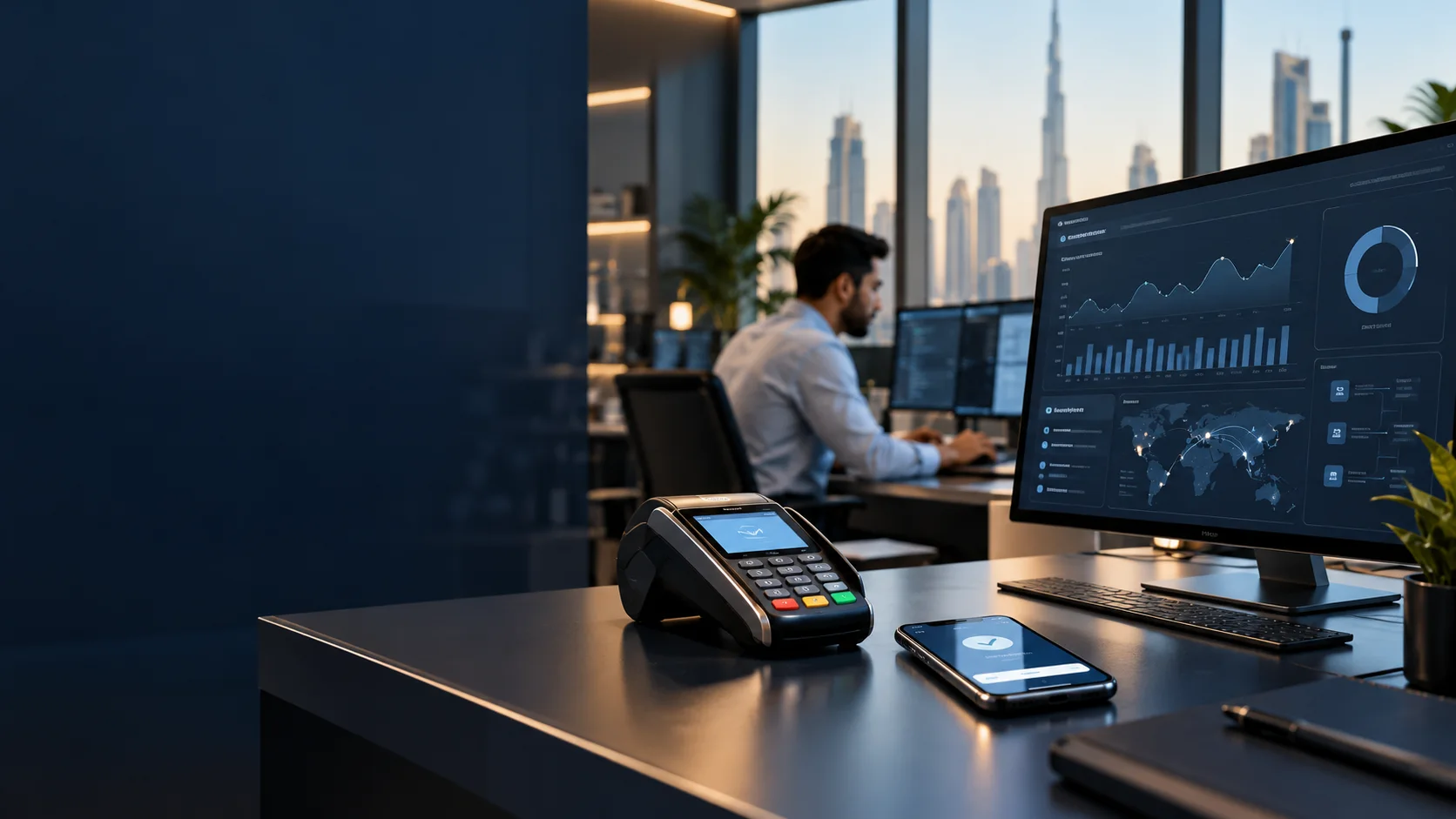 Payment devices and transaction analytics at a financial technology workstation.