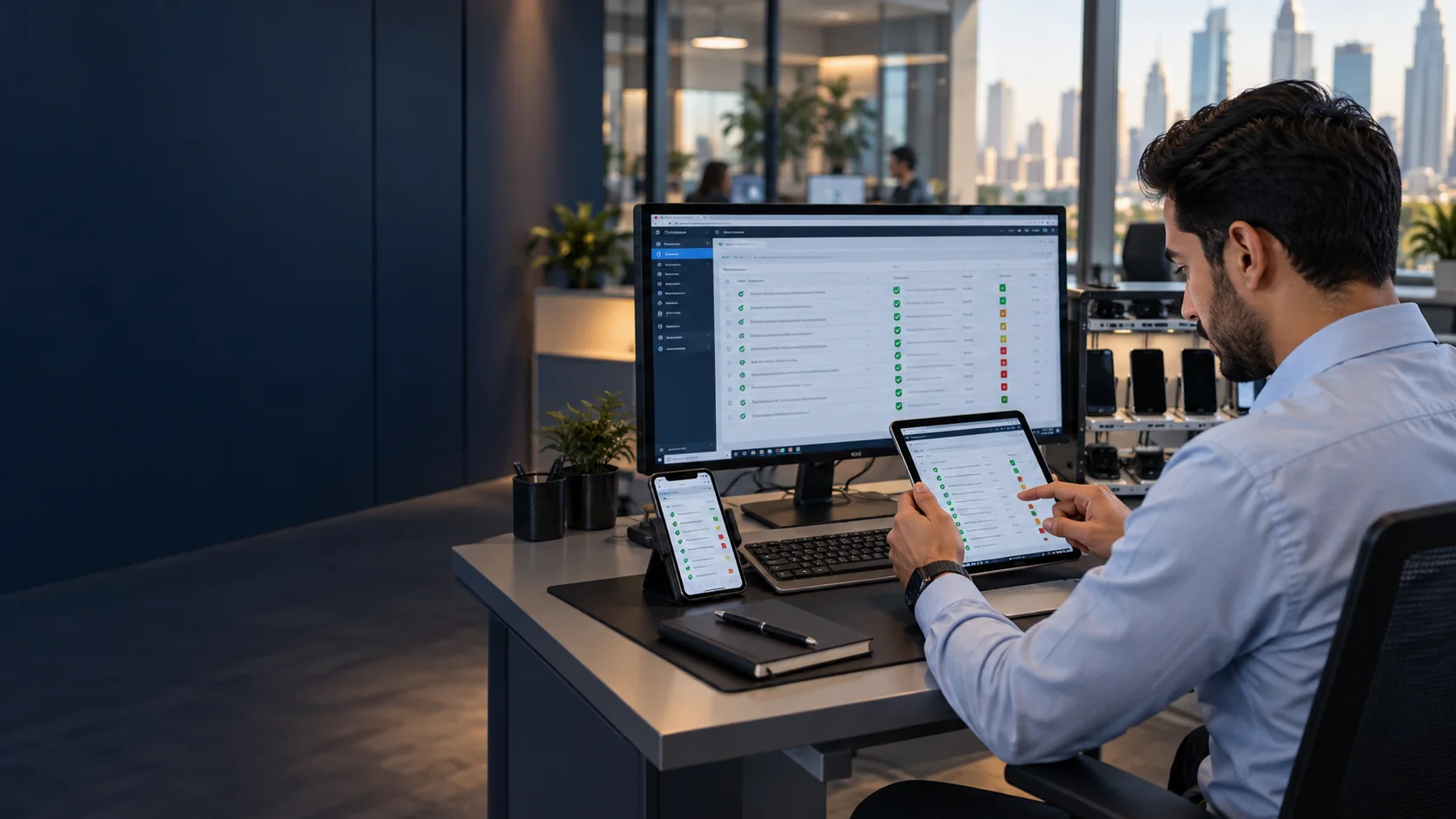 A quality assurance engineer testing software across several devices.