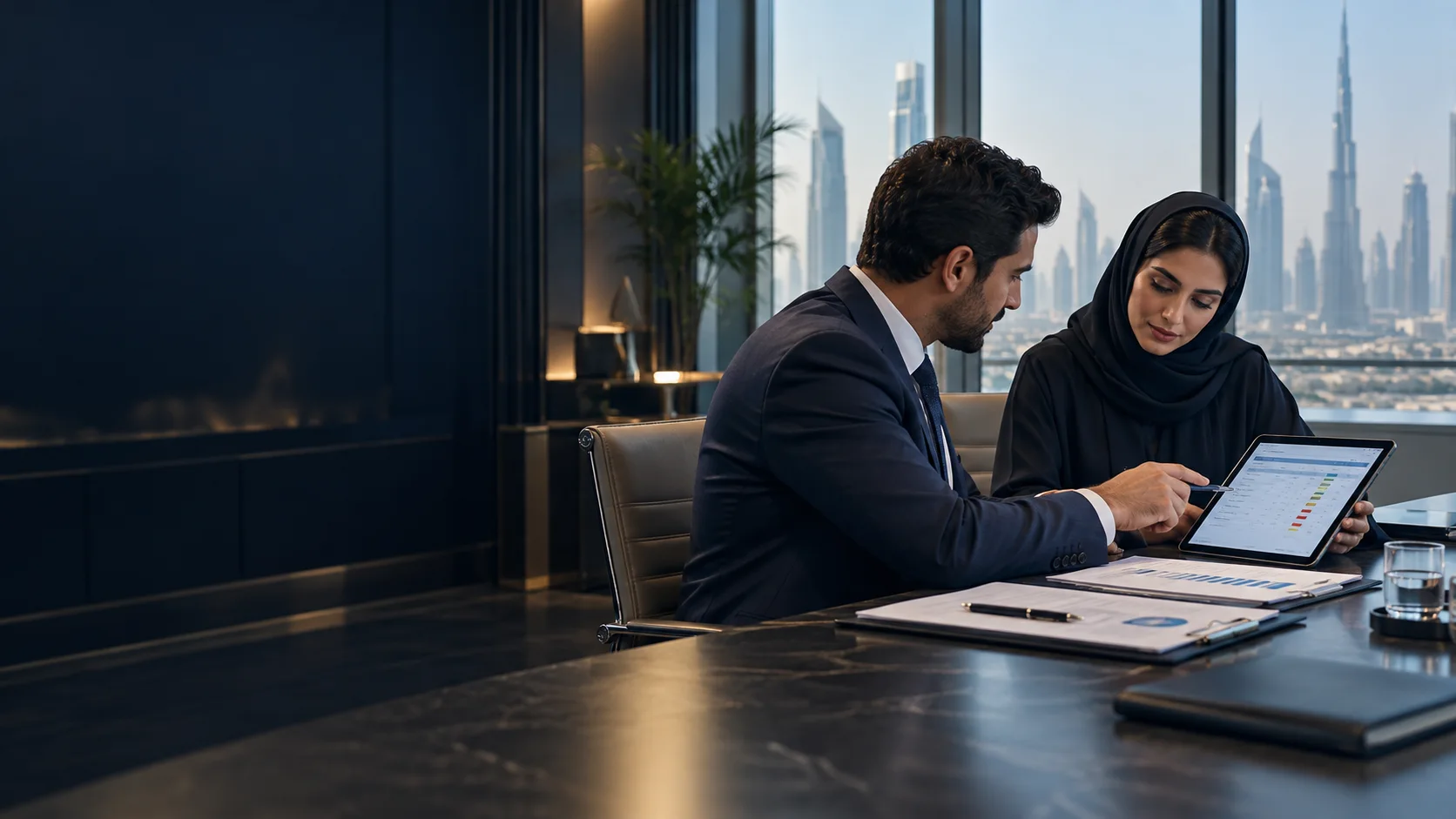 Professionals reviewing a risk register and governance documentation.
