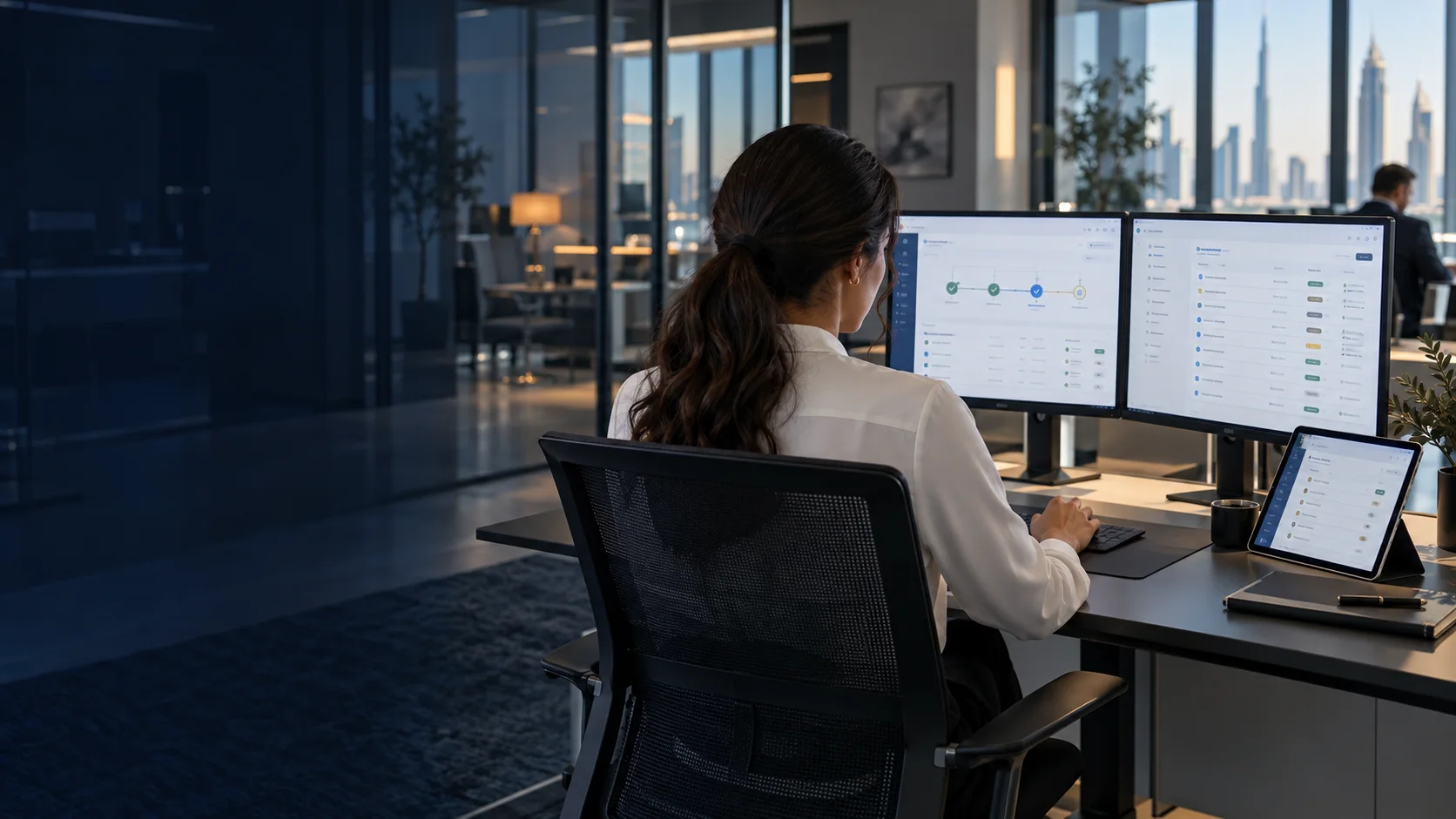 An operations specialist reviewing automated approvals and work queues.